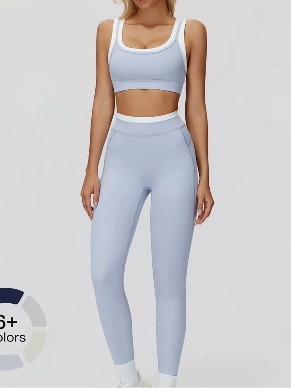 Light Blue and White Active Set - Crop Sports Bra & High-Waist Leggings